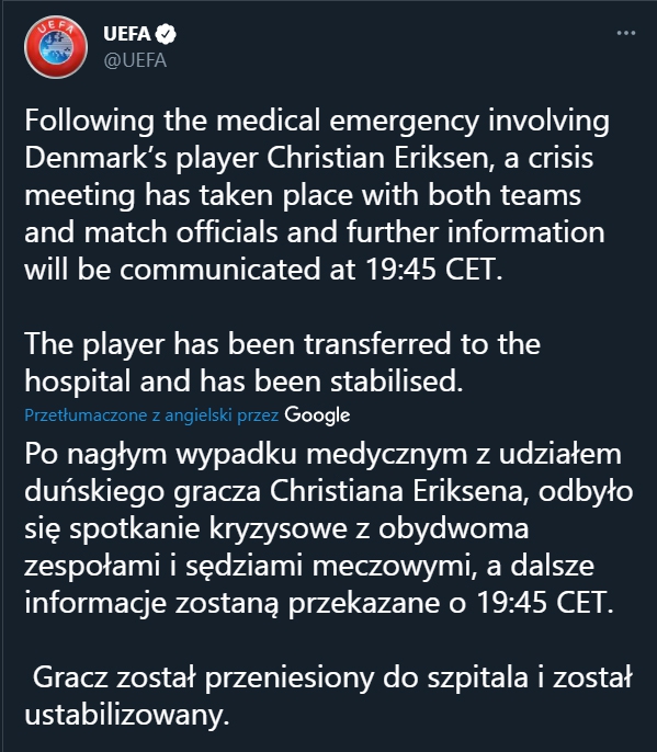 OFICJALNY KOMUNIKAT UEFA WS. CHRISTIANA ERIKSENA!